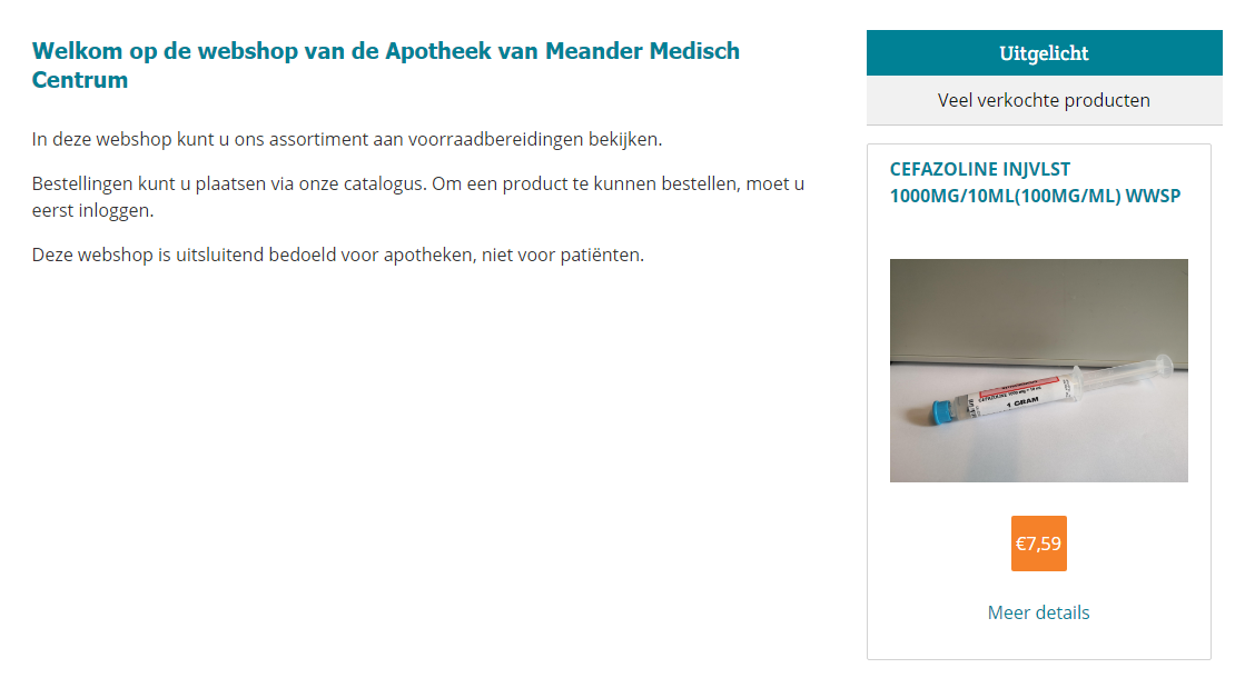 Homepage van de webshop van de apotheek