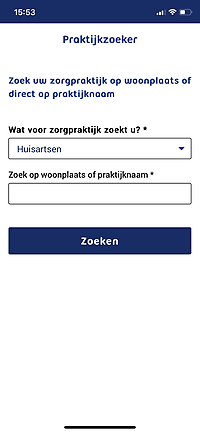 Zoekveld zorgverlener Uw Zorg online app