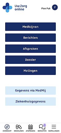 Beginscherm Uw Zorg online app