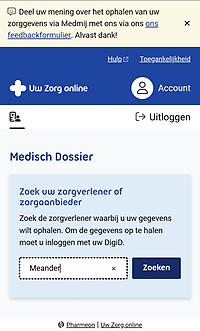 Zoekveld zorgverlener Uw Zorg online app